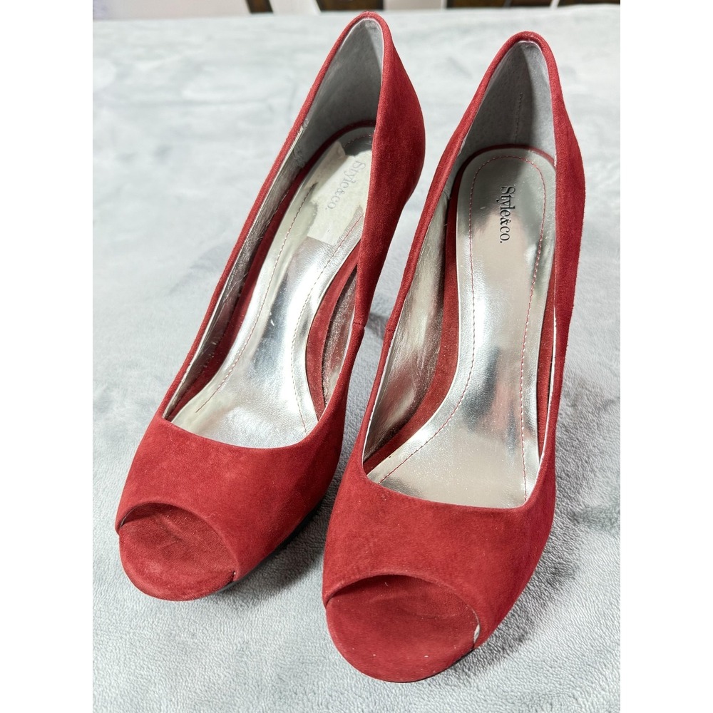 Style&co. Shoes Womens Size 7.5 Red Leather Celine Peep Toe Pump Heels